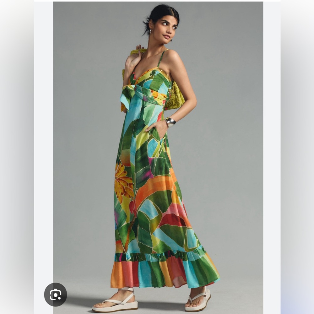 New Anthropologie Farm Rio Tie-Waist Printed Dress Multi Palm size medium $230